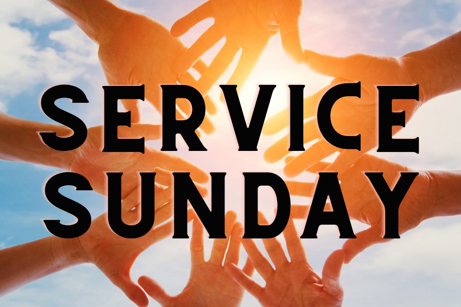 "Service Sunday"-hands gathered with sunshine background
